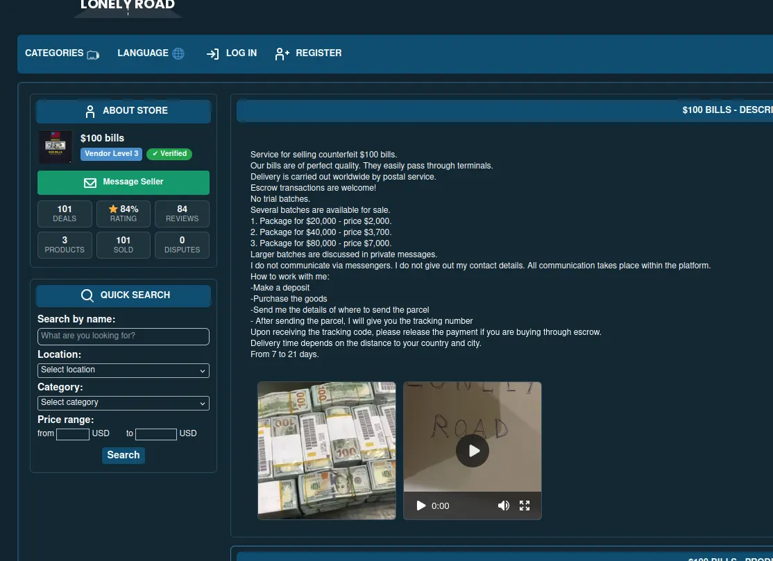 Screenshot of a dark web marketplace offering fake dollar currency for sale.